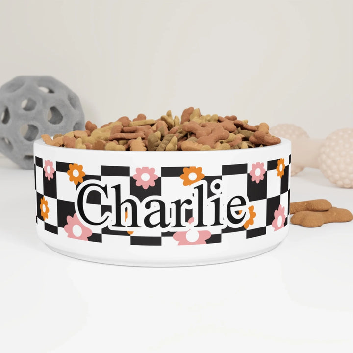 Personalized Retro Groovy pet ceramic bowl with custom text like a name. Available in different retro groovy pattern colors for dogs or cats-ARTFULANE