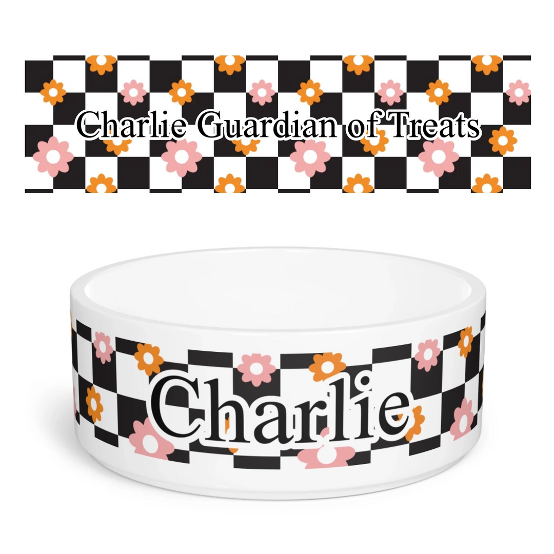 Personalized Retro Groovy pet ceramic bowl with custom text like a name. Available in different retro groovy pattern colors for dogs or cats-ARTFULANE