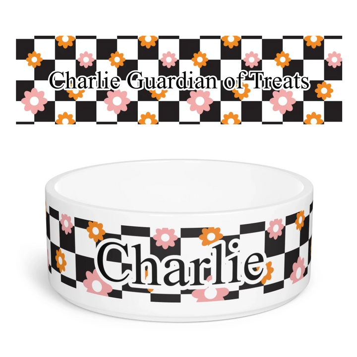 Personalized Retro Groovy pet ceramic bowl with custom text like a name. Available in different retro groovy pattern colors for dogs or cats-ARTFULANE