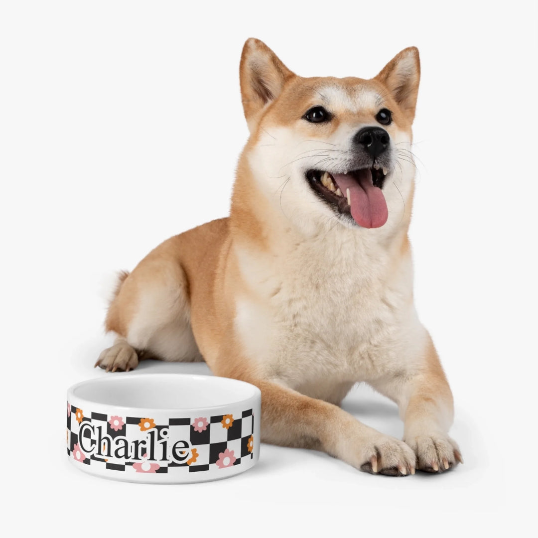 Dog using Personalized Retro Groovy pet ceramic bowl with custom text like a name. Available in different retro groovy pattern colors for dogs or cats-ARTFULANE
