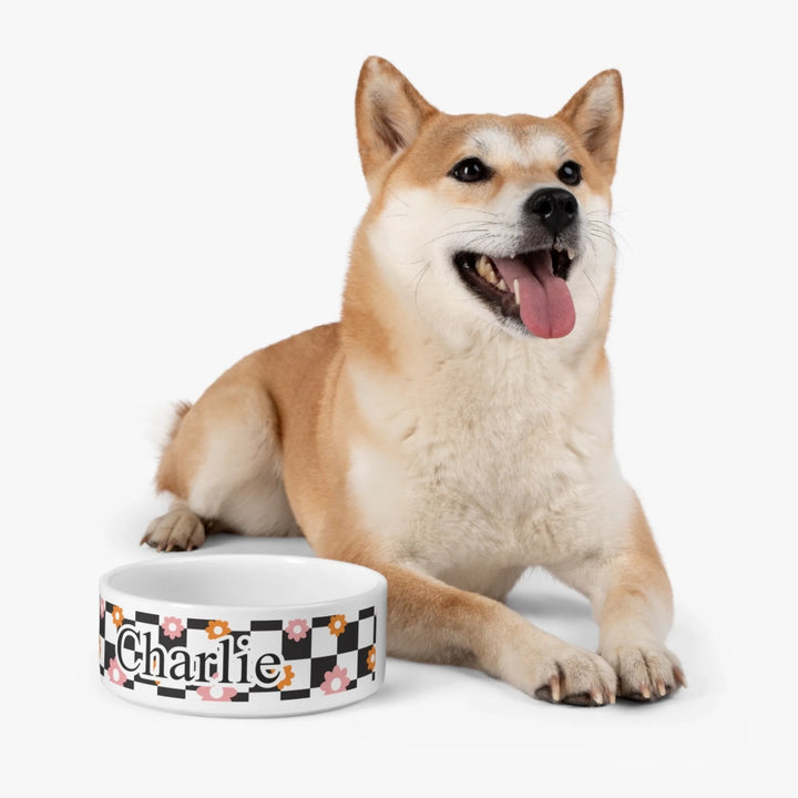 Dog using Personalized Retro Groovy pet ceramic bowl with custom text like a name. Available in different retro groovy pattern colors for dogs or cats-ARTFULANE