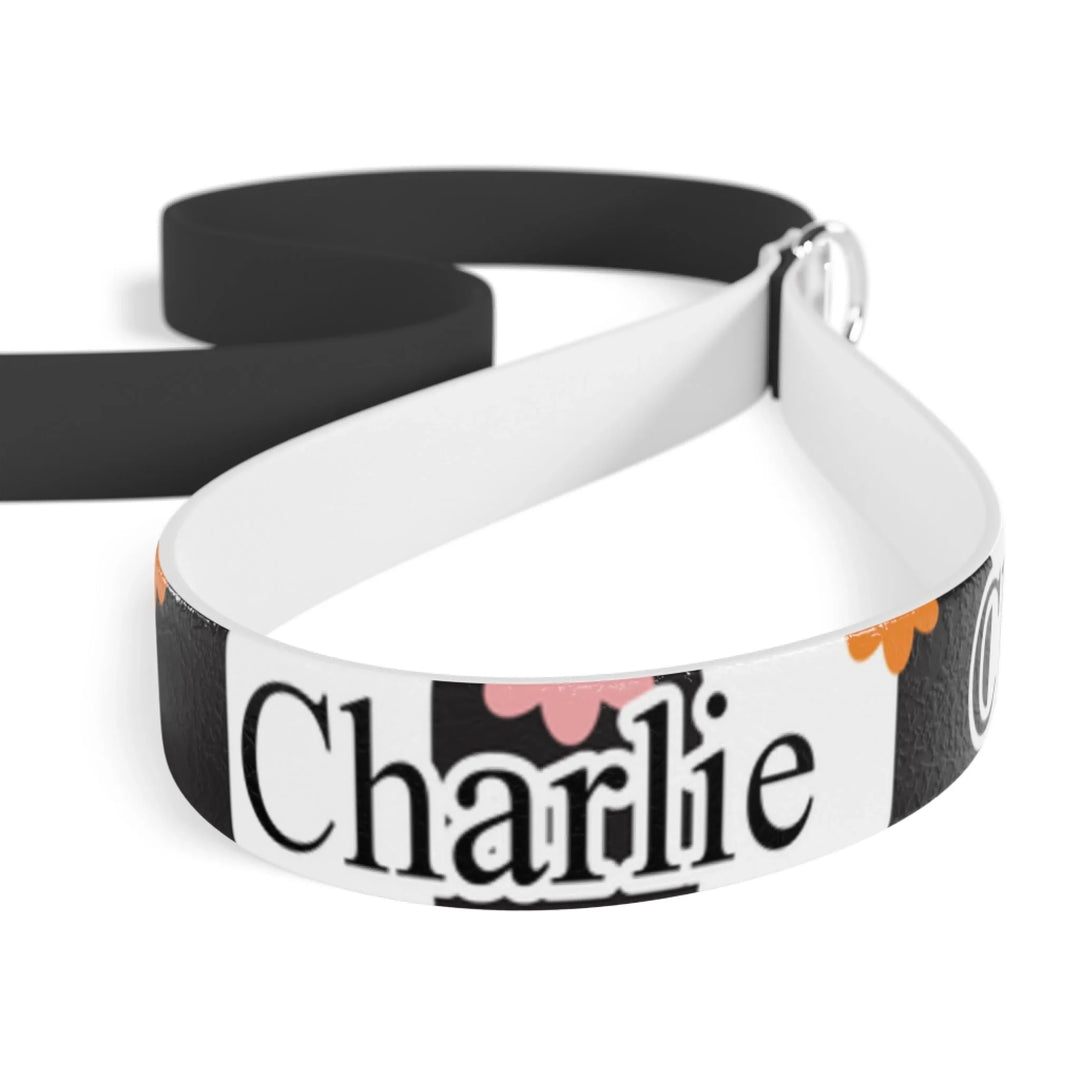 Closeup of Personalized Retro Groovy pet leash with custom text like a name. Available in different retro groovy pattern colors for dogs or cats-ARTFULANE