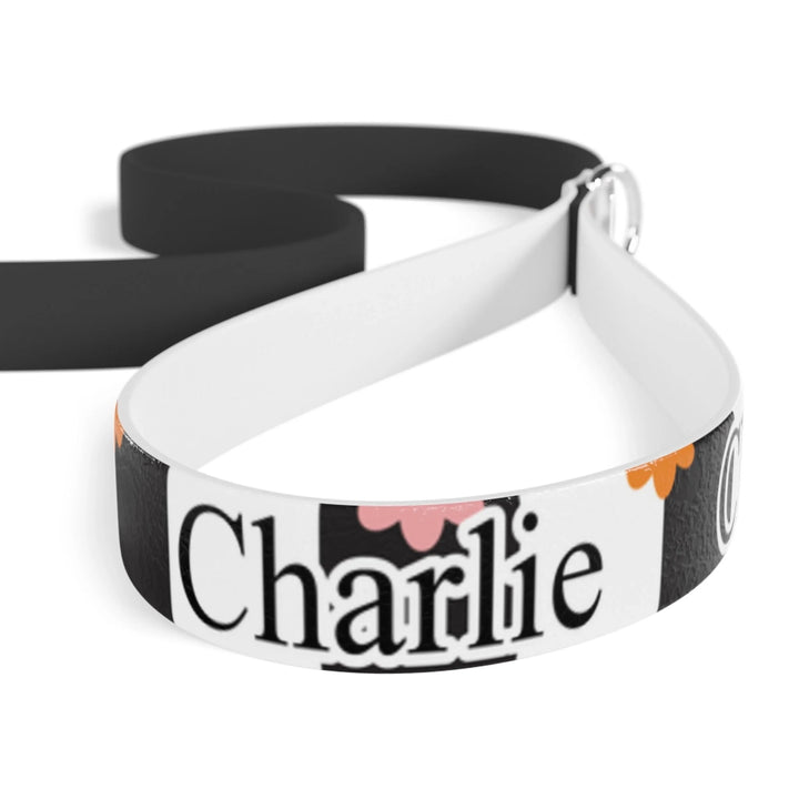 Closeup of Personalized Retro Groovy pet leash with custom text like a name. Available in different retro groovy pattern colors for dogs or cats-ARTFULANE