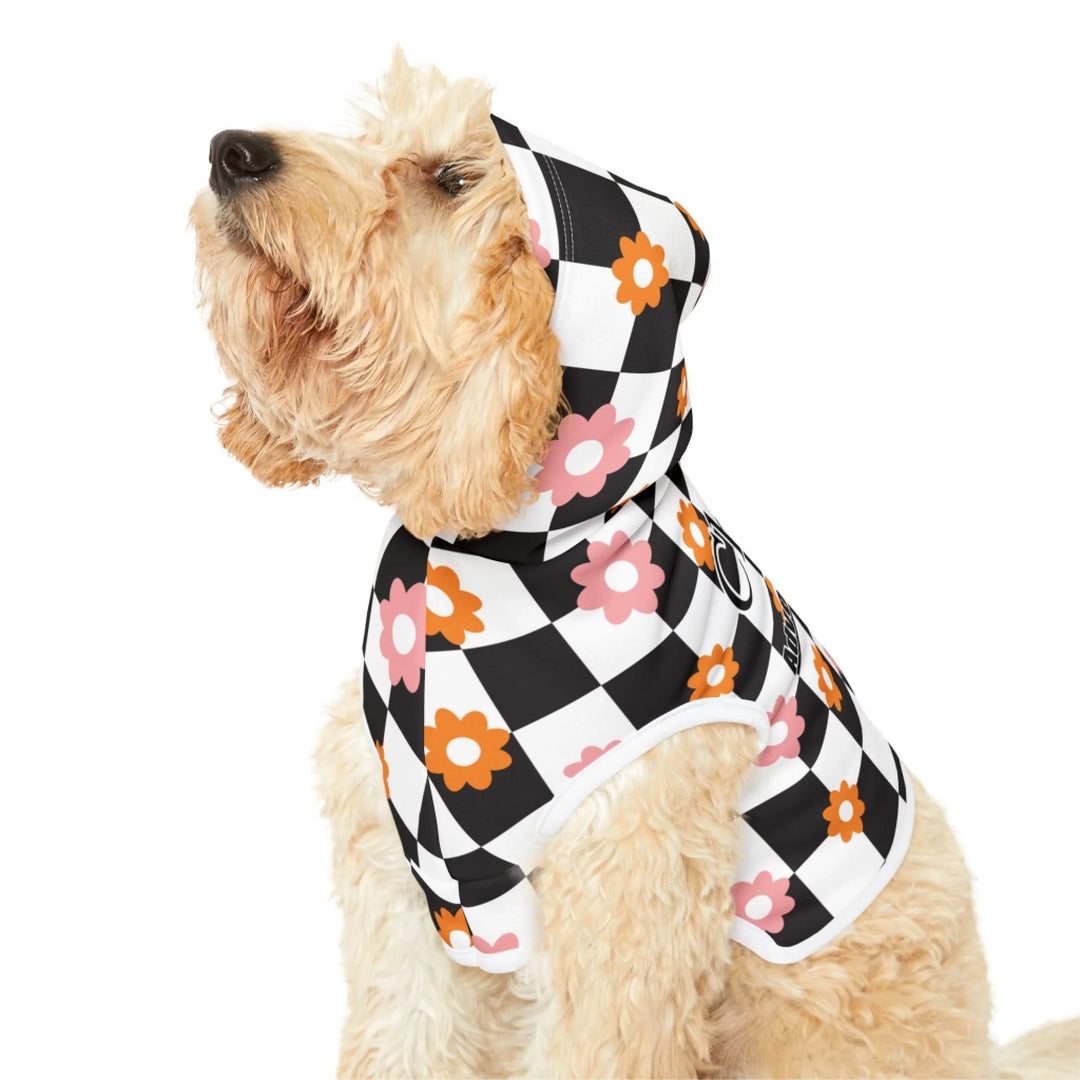 Close-up of dog wearing Personalized Retro Groovy pet hoodie with custom text like a name. Available in different retro groovy pattern colors for dogs or cats-ARTFULANE