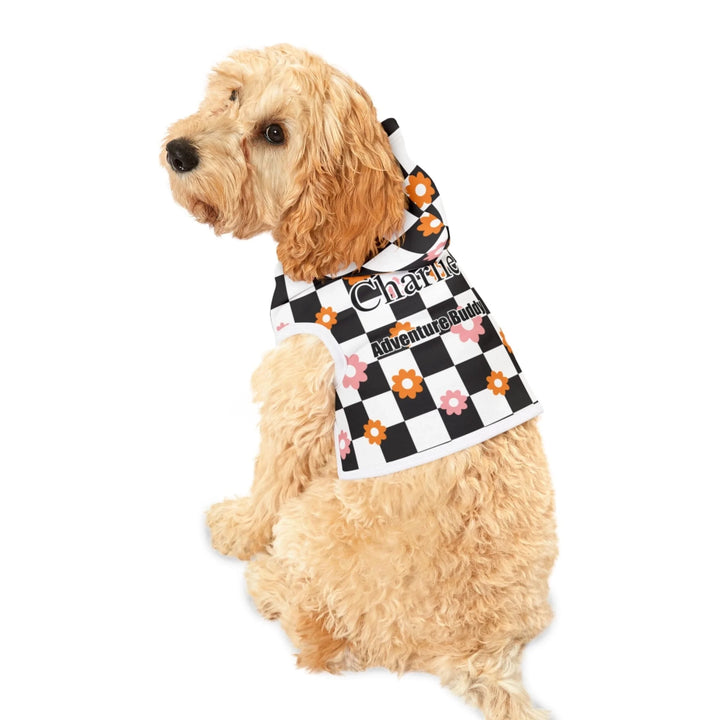 Dog wearing Personalized Retro Groovy pet hoodie with custom text like a name. Available in different retro groovy pattern colors for dogs or cats-ARTFULANE