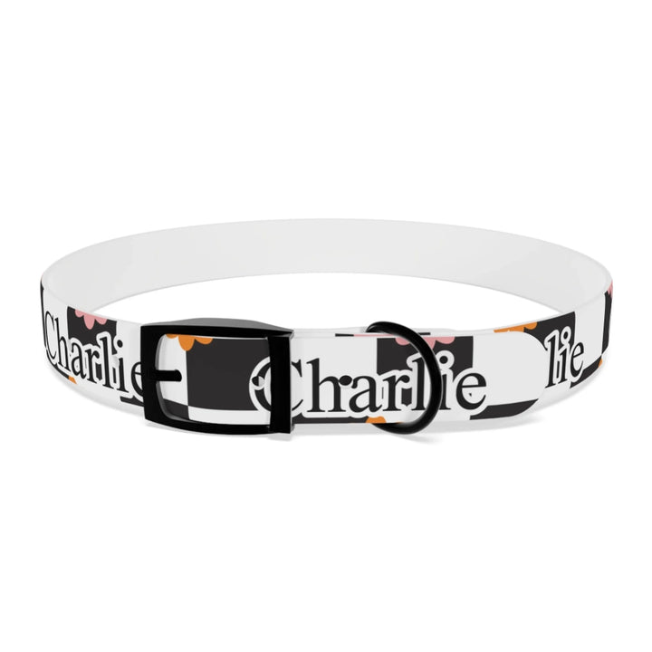 Front of Personalized Retro Groovy pet collar with custom text like a name. Available in different retro groovy pattern colors for dogs or cats-ARTFULANE