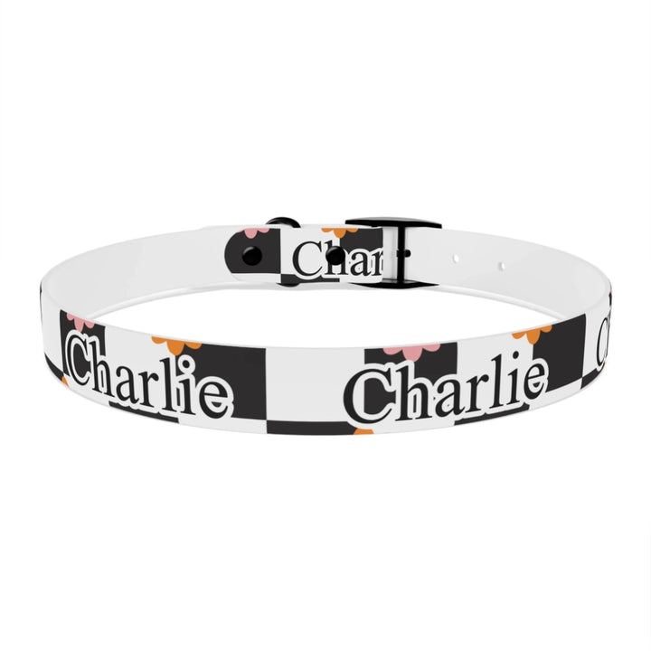 Back of Personalized Retro Groovy pet collar with custom text like a name. Available in different retro groovy pattern colors for dogs or cats-ARTFULANE