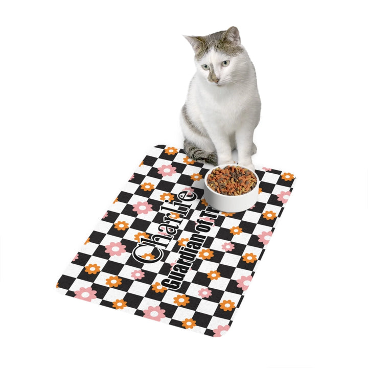 Cat using Personalized Retro Groovy pet feeding mat with custom text like a name. Available in different retro groovy pattern colors for dogs or cats-ARTFULANE