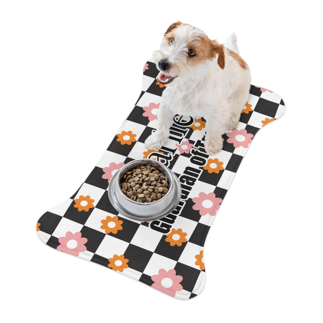 Dog using Personalized Retro Groovy pet bone-shaped feeding mat with custom text like a name. Available in different retro groovy pattern colors for dogs or cats-ARTFULANE
