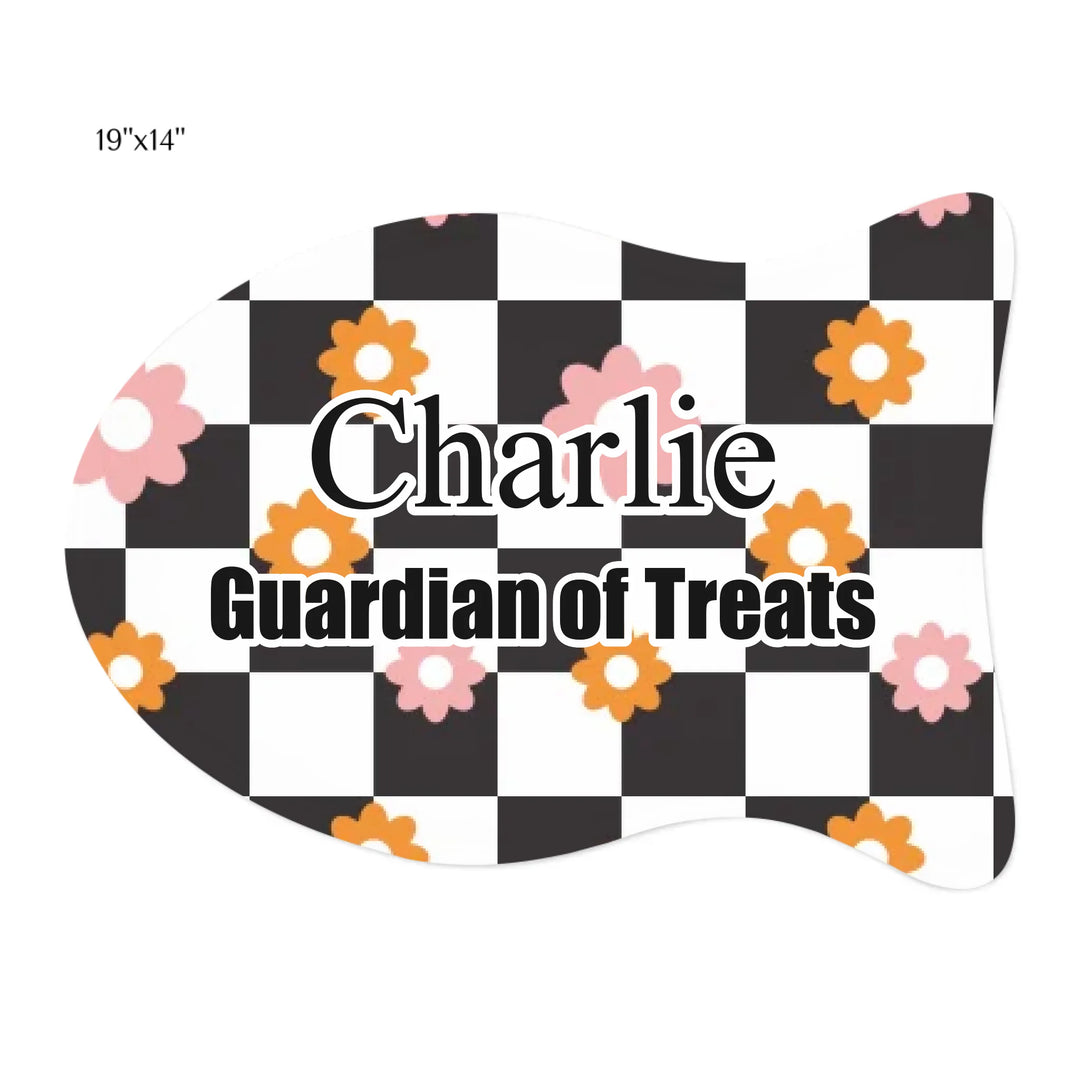 Personalized Retro Groovy pet fish-shaped feeding mat with custom text like a name. Available in different retro groovy pattern colors for dogs or cats-ARTFULANE