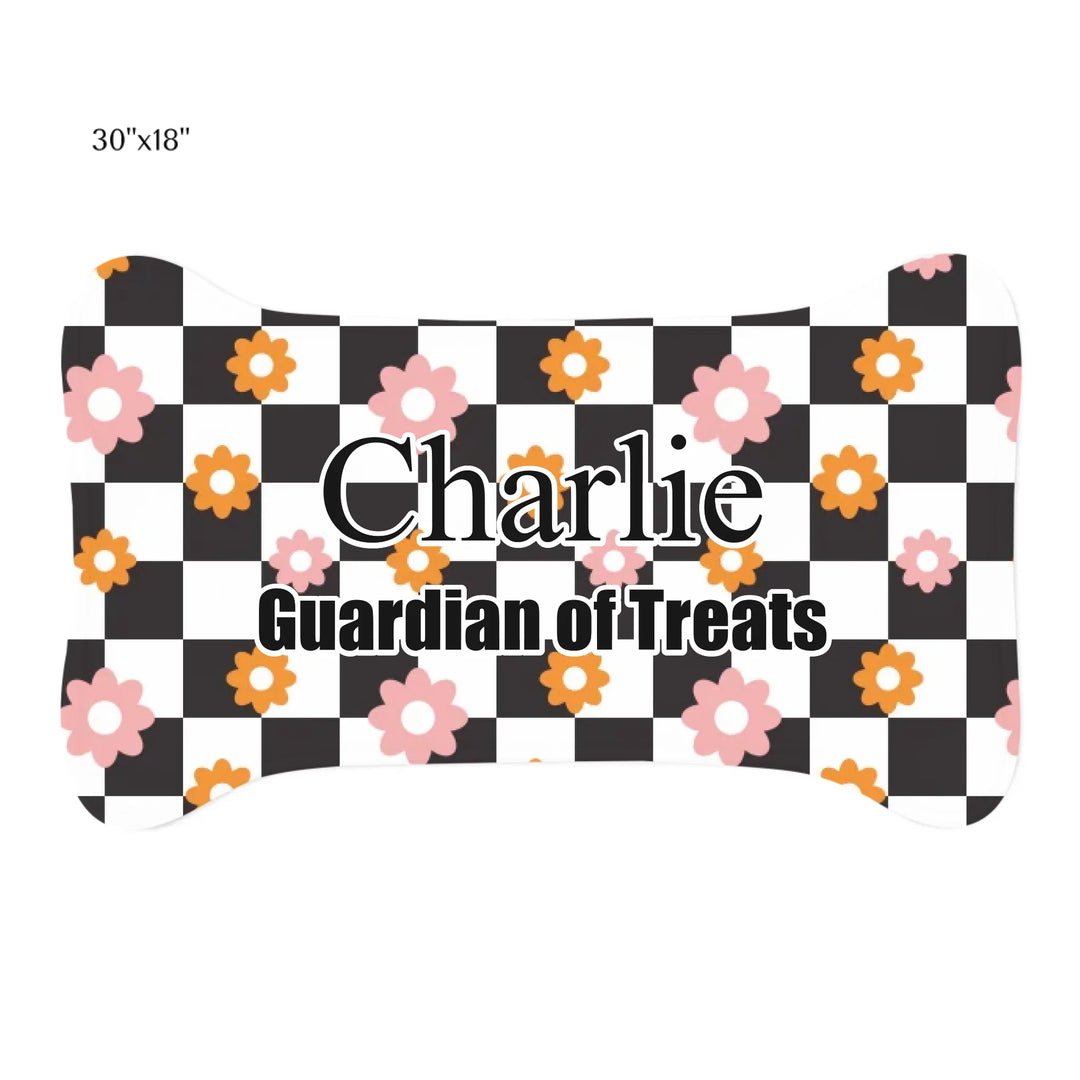 Personalized Retro Groovy pet bone-shaped feeding mat with custom text like a name. Available in different retro groovy pattern colors for dogs or cats-ARTFULANE