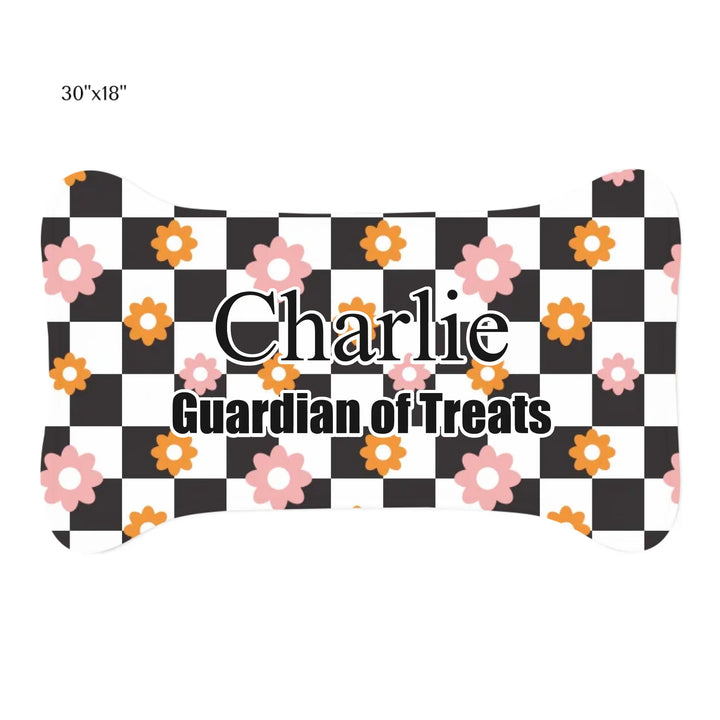 Personalized Retro Groovy pet bone-shaped feeding mat with custom text like a name. Available in different retro groovy pattern colors for dogs or cats-ARTFULANE