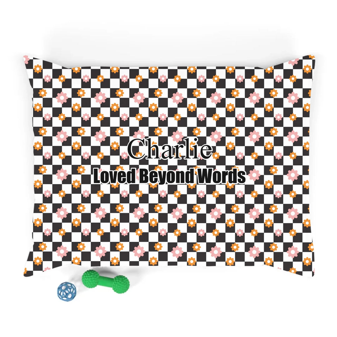 Personalized Christmas pattern pet bed with custom text like a name. Available in different Christmas print colors for dogs or cats-ARTFULANE