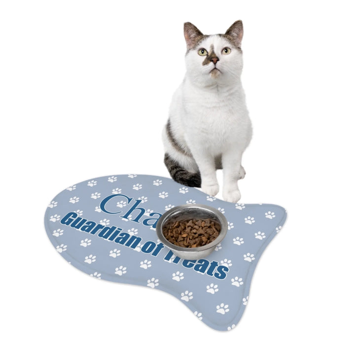 Cat using Personalized paws print pet shaped feeding mat with custom text like a name. Available in different paw print colors for dogs or cats-ARTFULANE