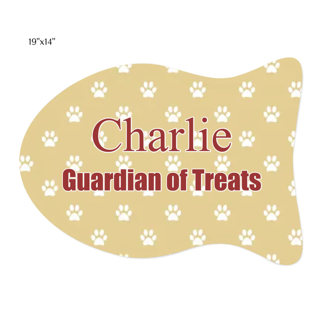Personalized paws print pet fish-shaped feeding mat with custom text like a name. Available in different paw print colors for dogs or cats-ARTFULANE