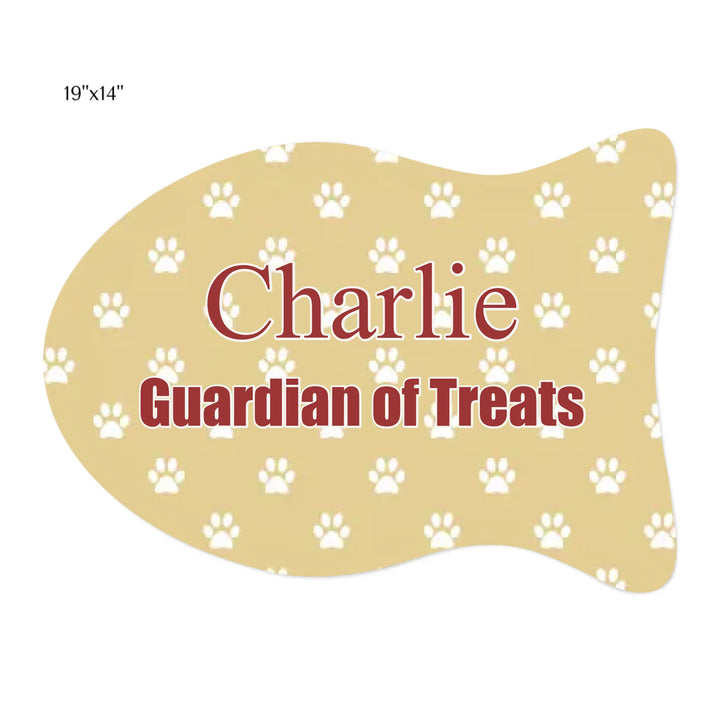 Personalized paws print pet fish-shaped feeding mat with custom text like a name. Available in different paw print colors for dogs or cats-ARTFULANE