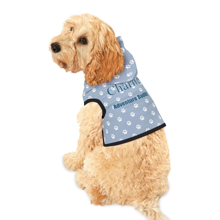 Dog wearing Personalized paws print pet hoodie with custom text like a name. Available in different paw print colors for dogs or cats-ARTFULANE