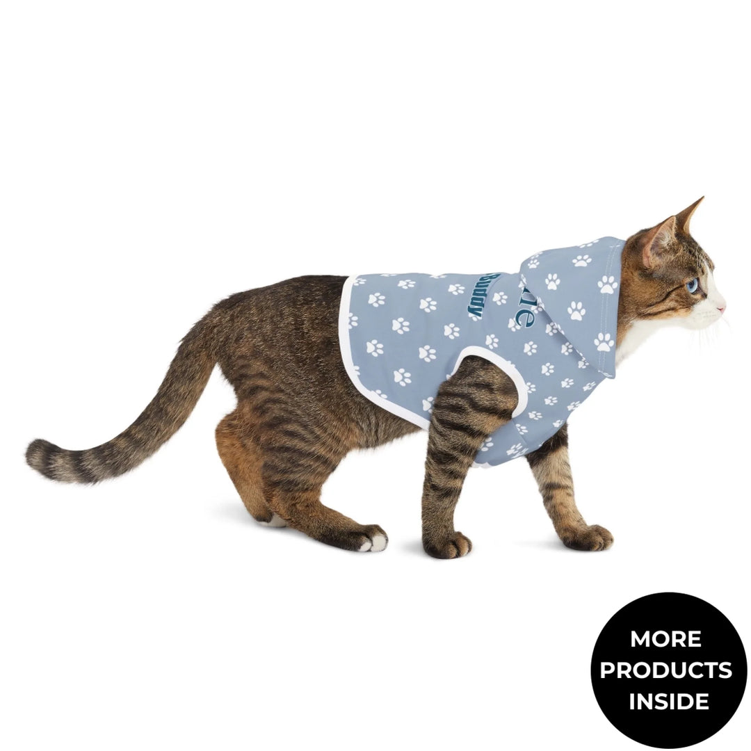 Cat wearing Personalized paws print pet hoodie with custom text like a name. Available in different paw print colors for dogs or cats-ARTFULANE