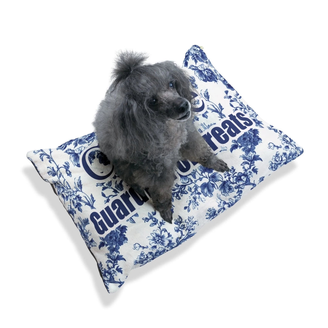 Dog on Personalized French Country Blue Toile de Jouy pet bed with custom text like a name. Available in different Toile de Jouy patterns for dogs or cats-ARTFULANE