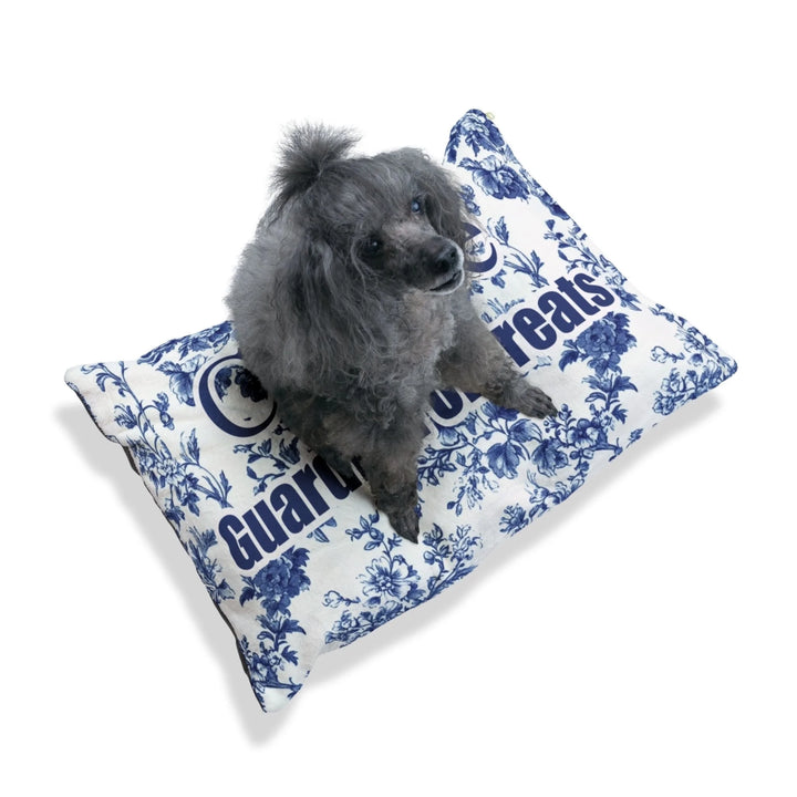 Dog on Personalized French Country Blue Toile de Jouy pet bed with custom text like a name. Available in different Toile de Jouy patterns for dogs or cats-ARTFULANE