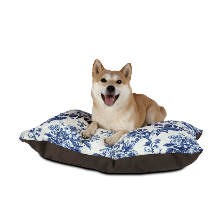 Dog sitting on Personalized French Country Blue Toile de Jouy pet bed with custom text like a name. Available in different Toile de Jouy patterns for dogs or cats-ARTFULANE