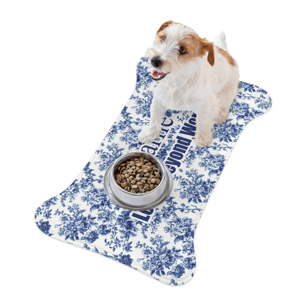 Dog using Cat using Personalized French Country Blue Toile de Jouy pet bone-shaped feeding mat with custom text like a name. Available in different Toile de Jouy patterns for dogs or cats-ARTFULANE