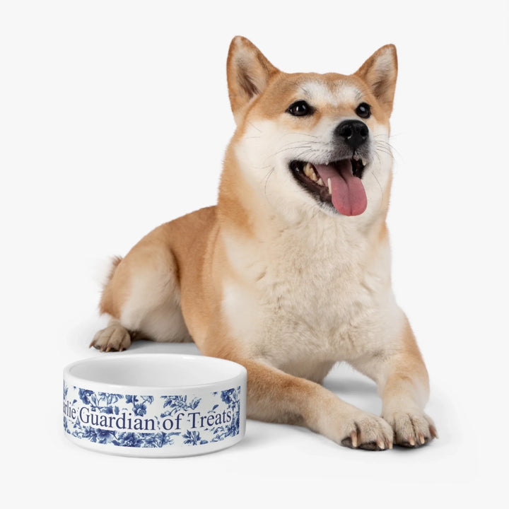 Dog using Personalized French Country Blue Toile de Jouy pet ceramic bowl with custom text like a name. Available in different Toile de Jouy patterns for dogs or cats-ARTFULANE