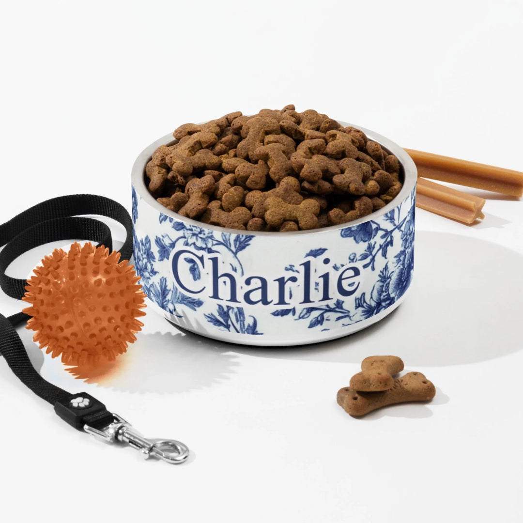 Personalized French Country Blue Toile de Jouy pet stainless steel bowl with custom text like a name. Available in different Toile de Jouy patterns for dogs or cats-ARTFULANE