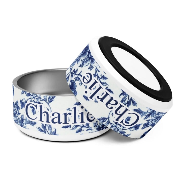 Personalized French Country Blue Toile de Jouy pet stainless steel bowl with custom text like a name. Available in different Toile de Jouy patterns for dogs or cats-ARTFULANE