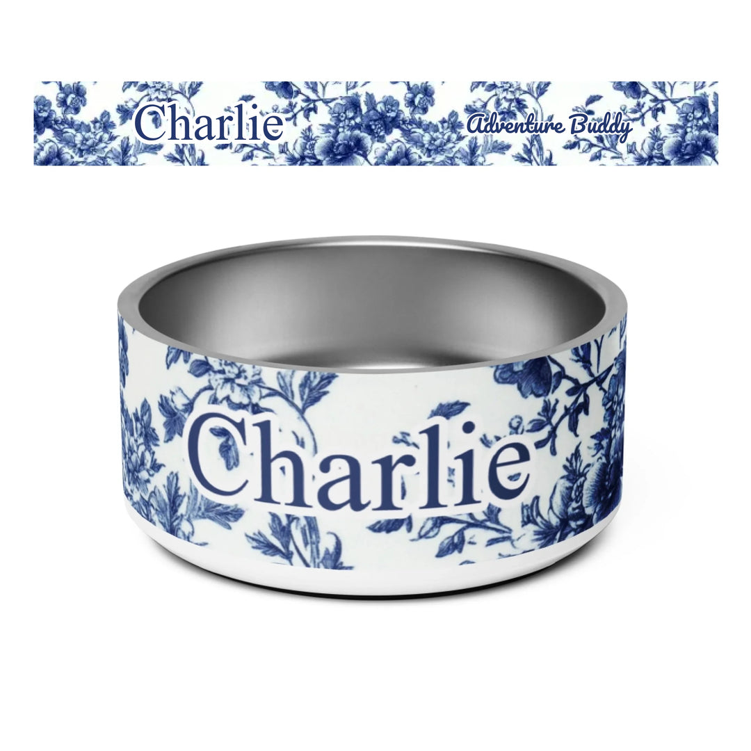 Personalized French Country Blue Toile de Jouy pet stainless steel bowl with custom text like a name. Available in different Toile de Jouy patterns for dogs or cats-ARTFULANE