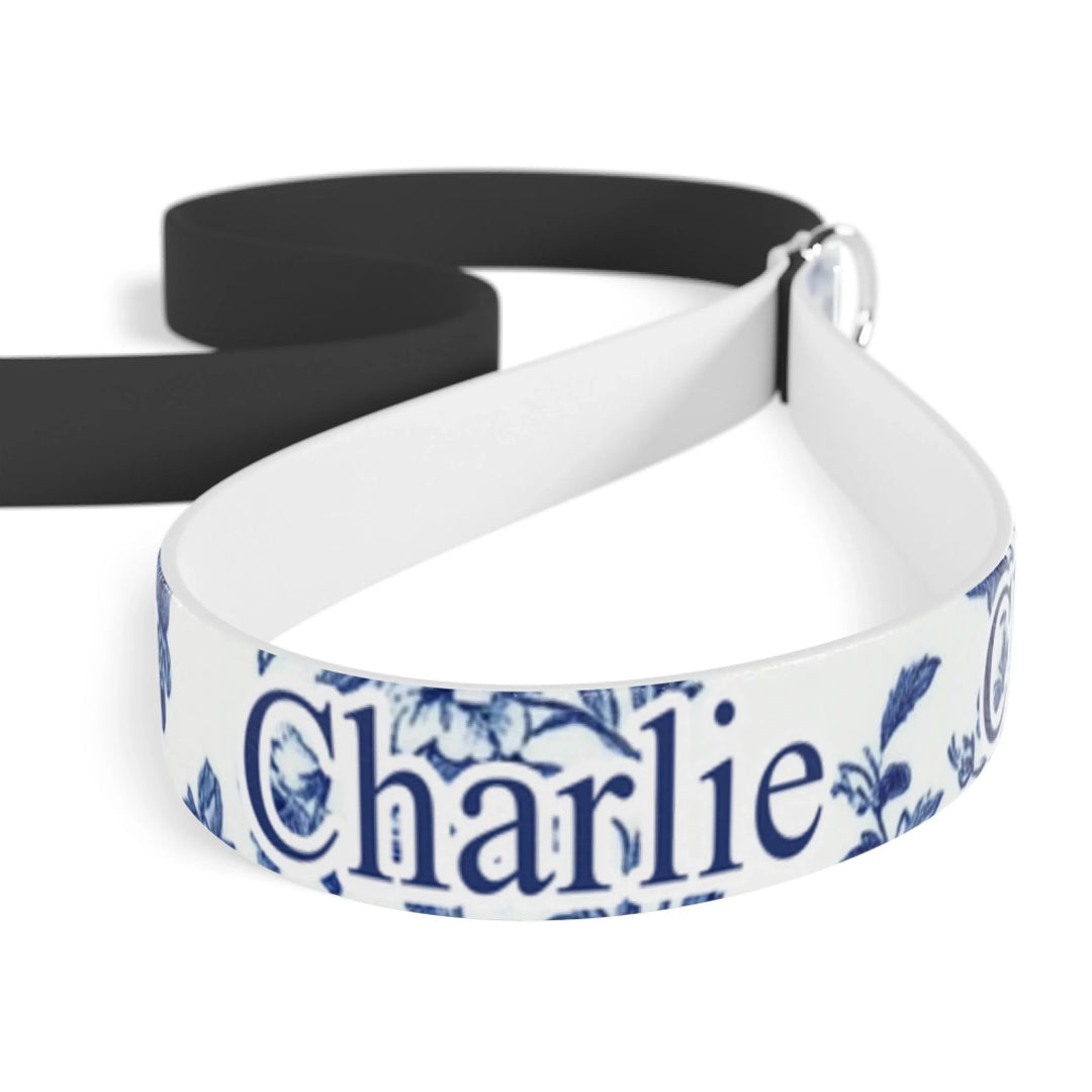 Closeup of Personalized French Country Blue Toile de Jouy pet leash with custom text like a name. Available in different Toile de Jouy patterns for dogs or cats-ARTFULANE