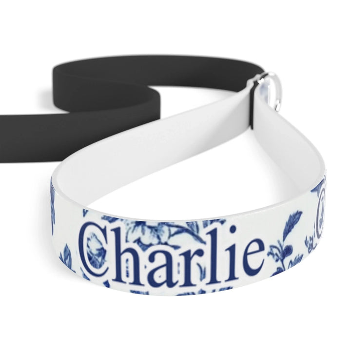 Closeup of Personalized French Country Blue Toile de Jouy pet leash with custom text like a name. Available in different Toile de Jouy patterns for dogs or cats-ARTFULANE