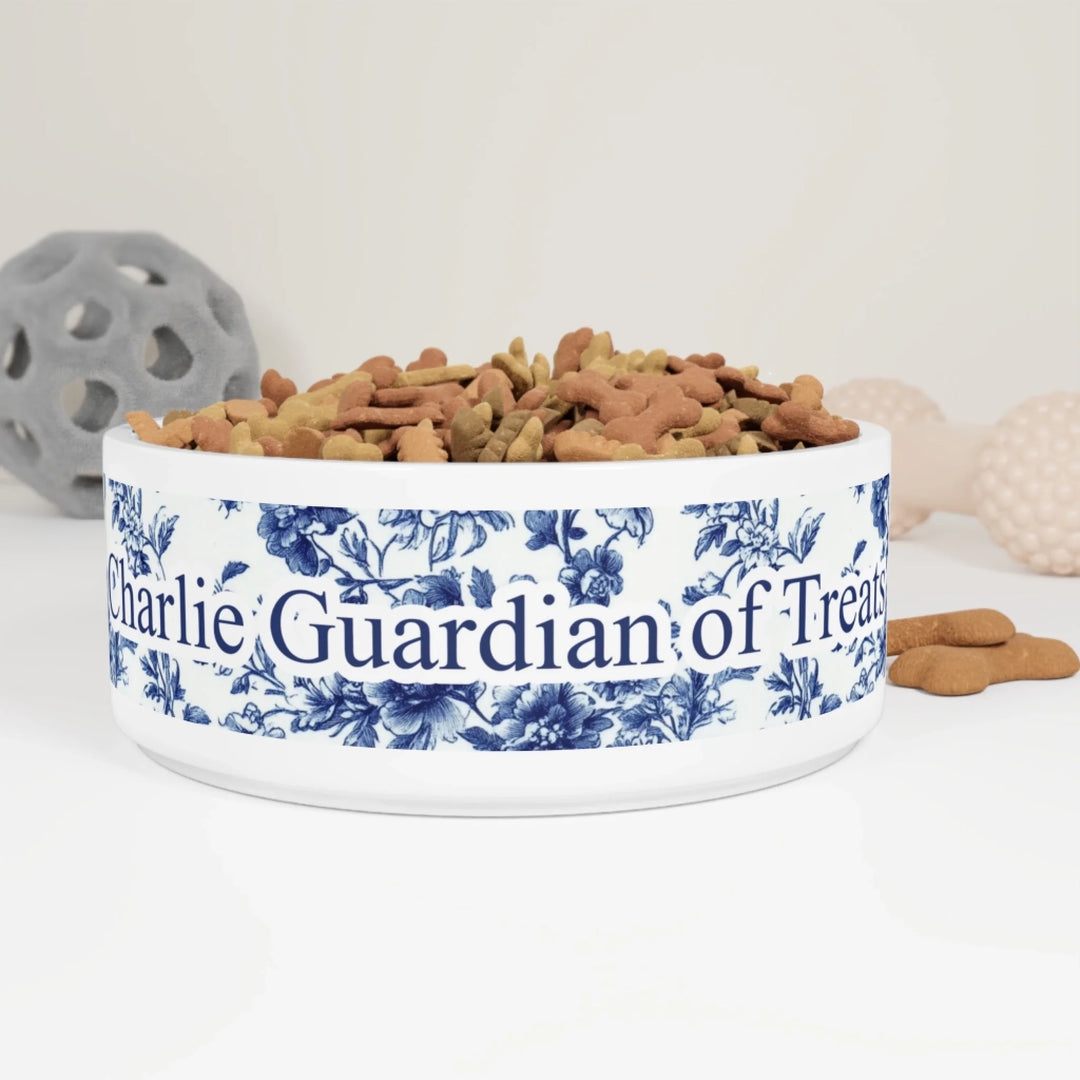 Personalized French Country Blue Toile de Jouy pet ceramic bowl with custom text like a name. Available in different Toile de Jouy patterns for dogs or cats-ARTFULANE