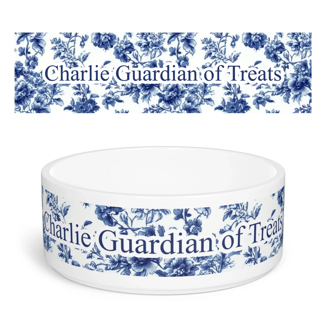 Personalized French Country Blue Toile de Jouy pet ceramic bowl with custom text like a name. Available in different Toile de Jouy patterns for dogs or cats-ARTFULANE