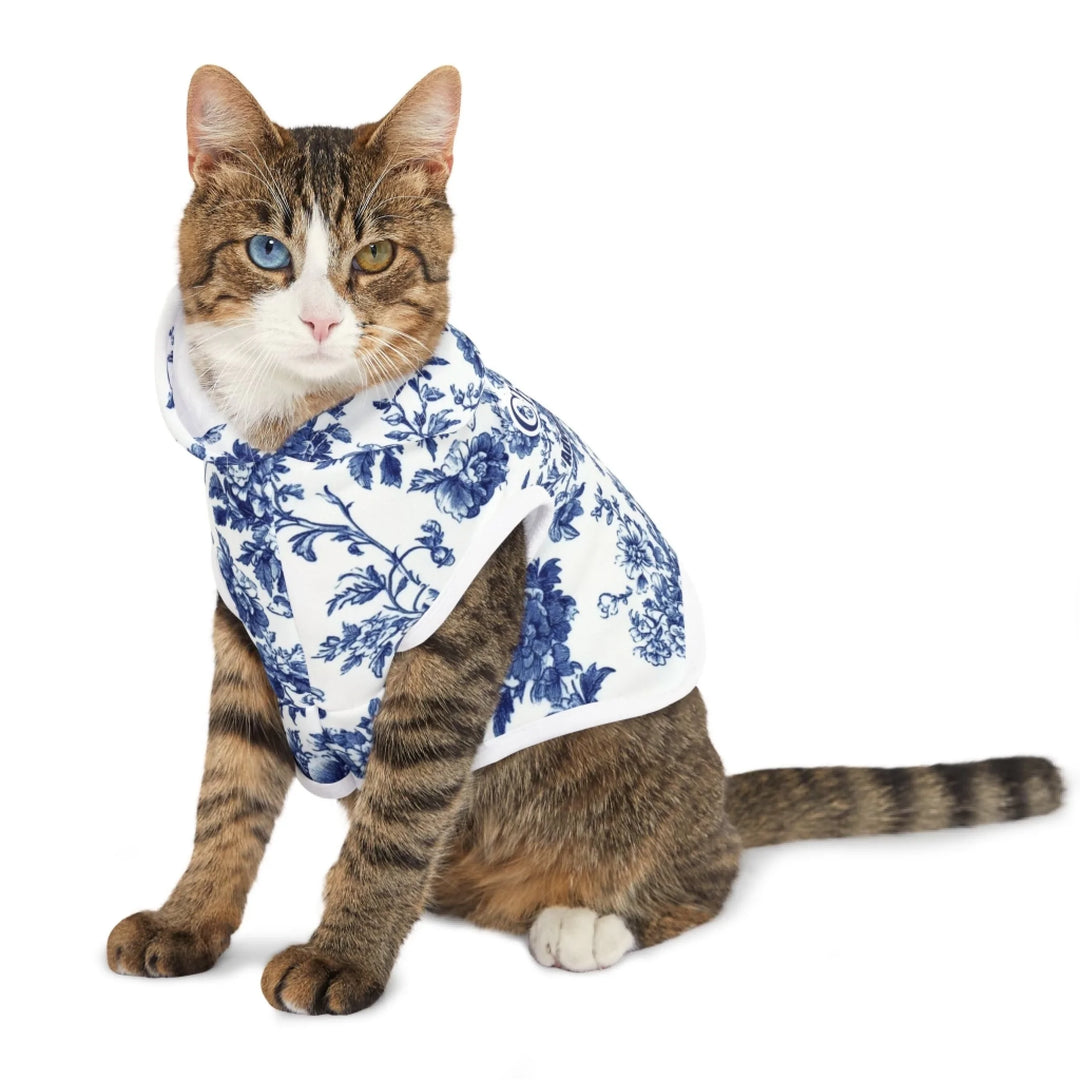 Cat wearing Personalized French Country Blue Toile de Jouy pet hoodie with custom text like a name. Available in different Toile de Jouy patterns for dogs or cats-ARTFULANE