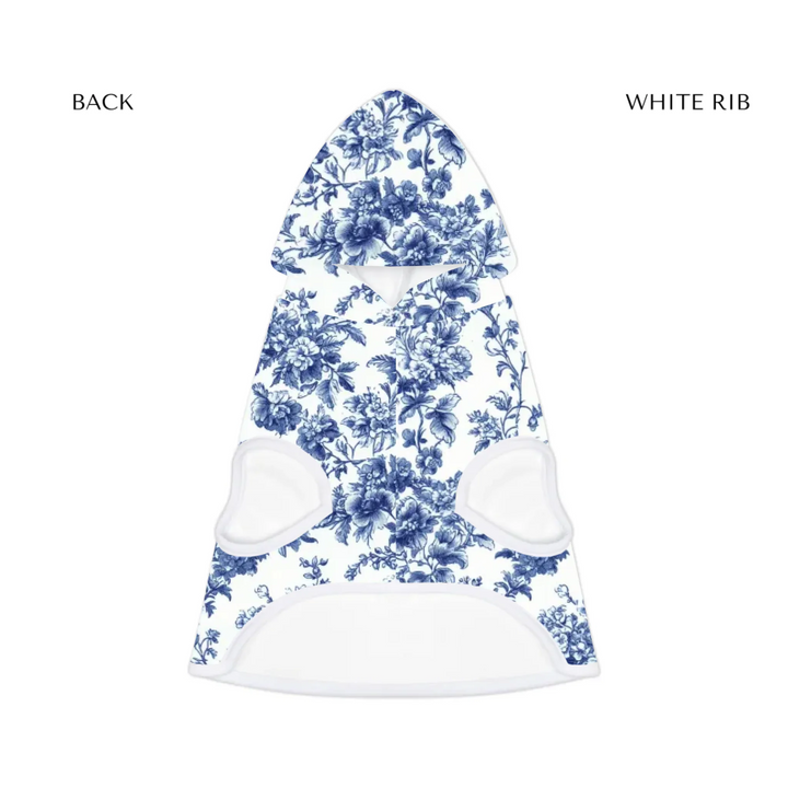 pet hoodie white rib front- Personalized French Country Blue Toile de Jouy pet hoodie with custom text like a name. Available in different Toile de Jouy patterns for dogs or cats-ARTFULANE