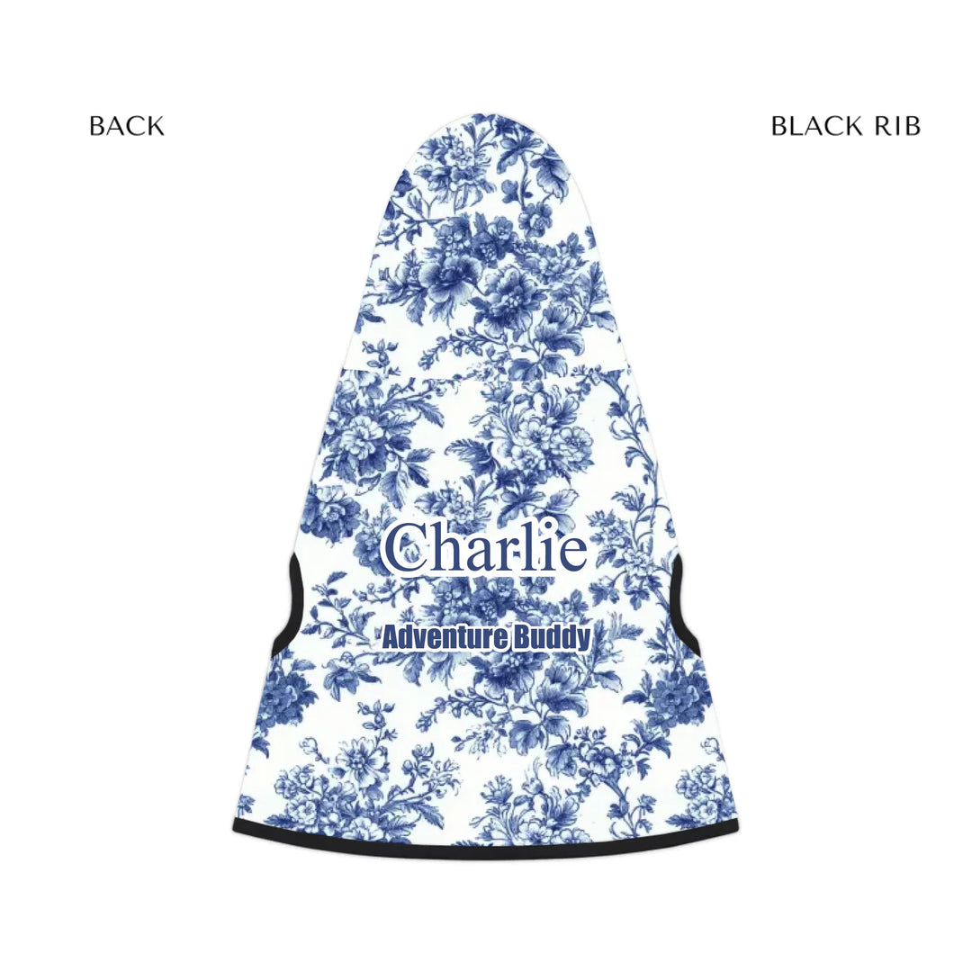pet hoodie black rib back - Personalized French Country Blue Toile de Jouy pet hoodie with custom text like a name. Available in different Toile de Jouy patterns for dogs or cats-ARTFULANE
