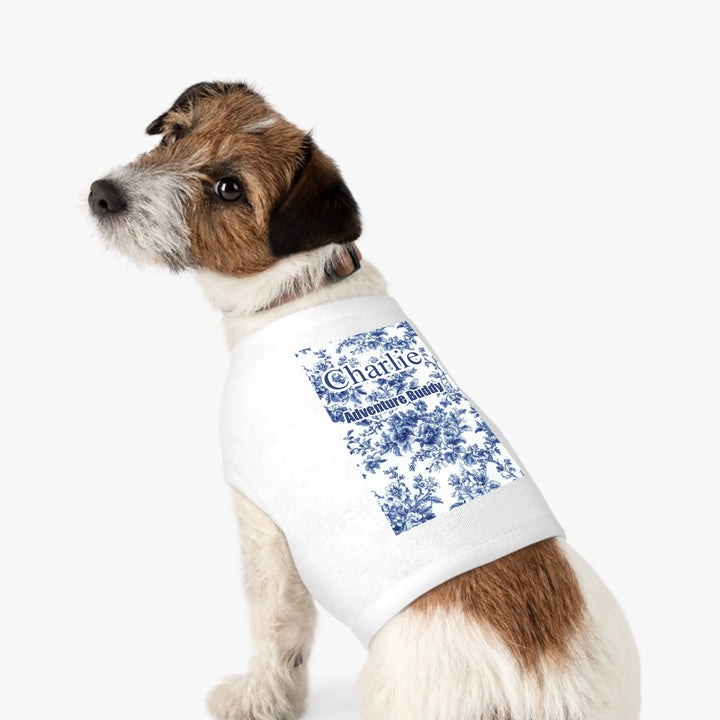Personalized French Country Blue Toile de Jouy pet tank top with custom text like a name. Available in different Toile de Jouy patterns for dogs or cats-ARTFULANE
