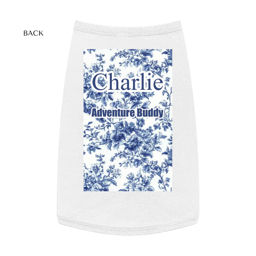 Personalized French Country Blue Toile de Jouy pet tank top with custom text like a name. Available in different Toile de Jouy patterns for dogs or cats-ARTFULANE