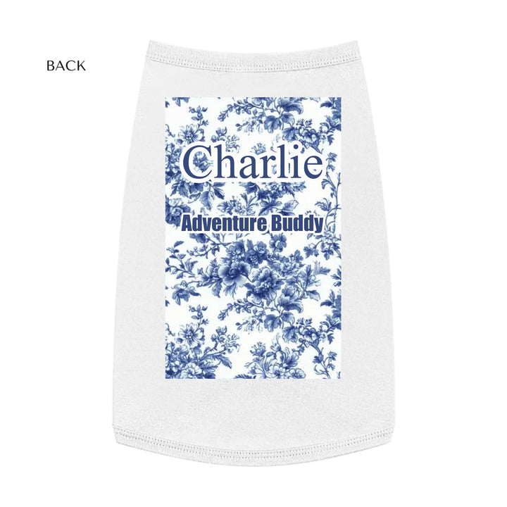 Personalized French Country Blue Toile de Jouy pet tank top with custom text like a name. Available in different Toile de Jouy patterns for dogs or cats-ARTFULANE