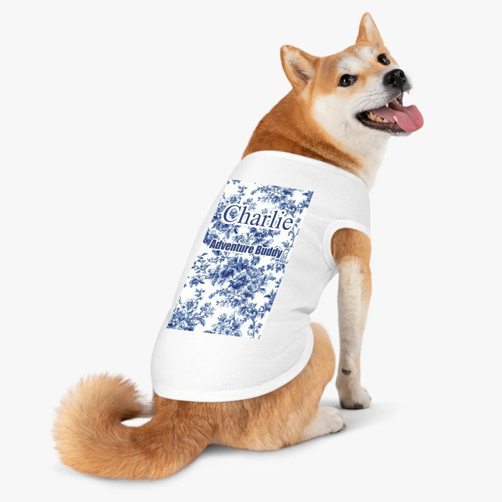 Personalized French Country Blue Toile de Jouy pet tank top with custom text like a name. Available in different Toile de Jouy patterns for dogs or cats-ARTFULANE