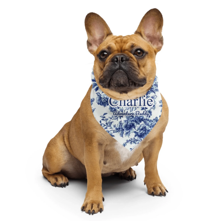 Dog wearing Personalized French Country Blue Toile de Jouy pet bandana collar with custom text like a name. Available in different Toile de Jouy patterns for dogs or cats-ARTFULANE