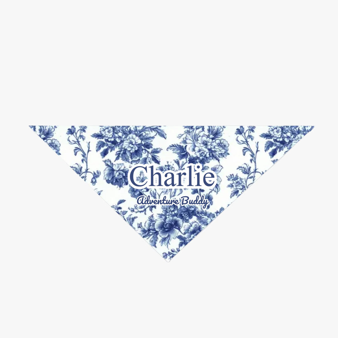 Personalized French Country Blue Toile de Jouy pet bandana with custom text like a name. Available in different Toile de Jouy patterns for dogs or cats-ARTFULANE