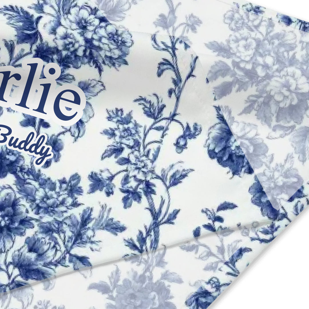 Personalized French Country Blue Toile de Jouy pet bandana with custom text like a name. Available in different Toile de Jouy patterns for dogs or cats-ARTFULANE