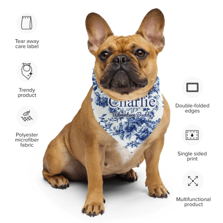 Personalized French Country Blue Toile de Jouy pet bandana with custom text like a name. Available in different Toile de Jouy patterns for dogs or cats-ARTFULANE