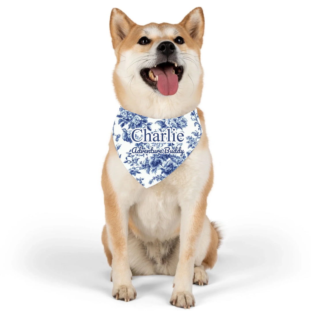 Dog wearing Personalized French Country Blue Toile de Jouy pet bandana collar with custom text like a name. Available in different Toile de Jouy patterns for dogs or cats-ARTFULANE