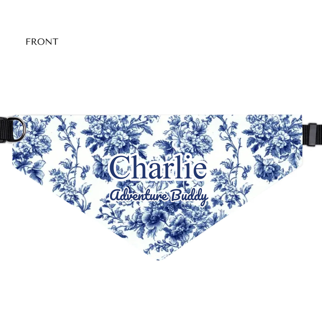 Personalized French Country Blue Toile de Jouy pet bandana collar with custom text like a name. Available in different Toile de Jouy patterns for dogs or cats-ARTFULANE