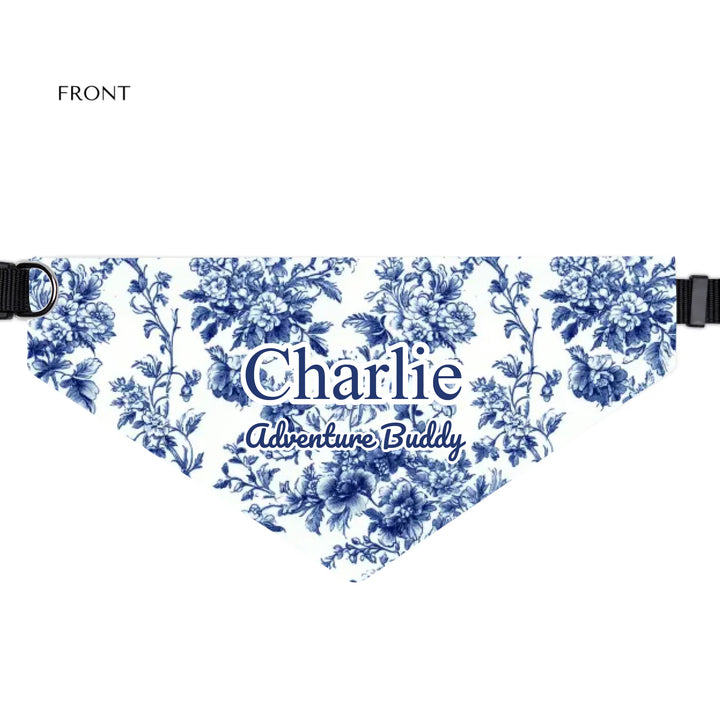 Personalized French Country Blue Toile de Jouy pet bandana collar with custom text like a name. Available in different Toile de Jouy patterns for dogs or cats-ARTFULANE