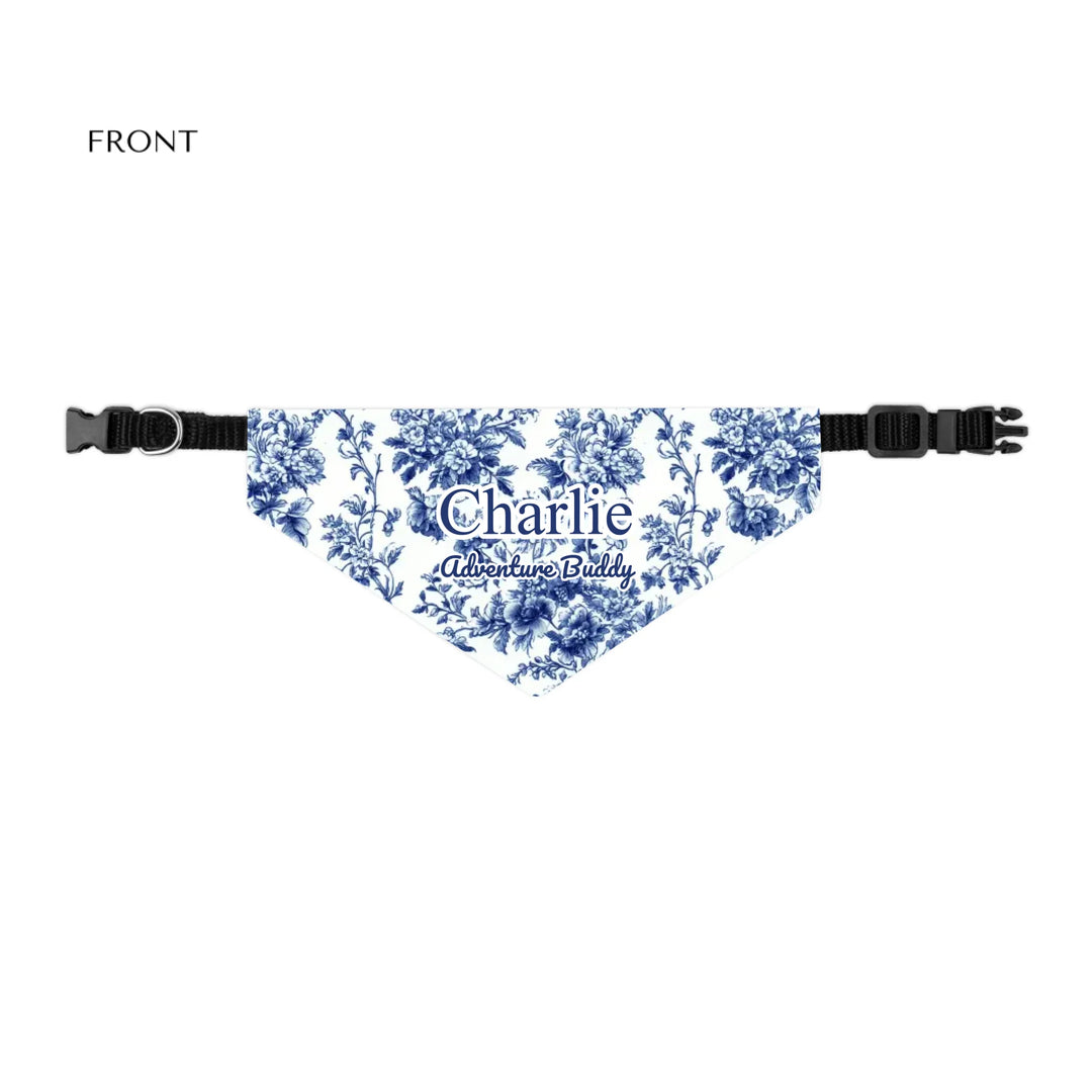 Personalized French Country Blue Toile de Jouy pet bandana collar with custom text like a name. Available in different Toile de Jouy patterns for dogs or cats-ARTFULANE