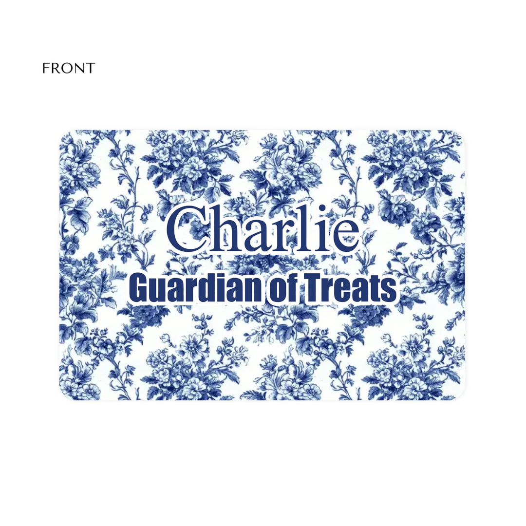 Personalized French Country Blue Toile de Jouy pet feeding mat with custom text like a name. Available in different Toile de Jouy patterns for dogs or cats-ARTFULANE